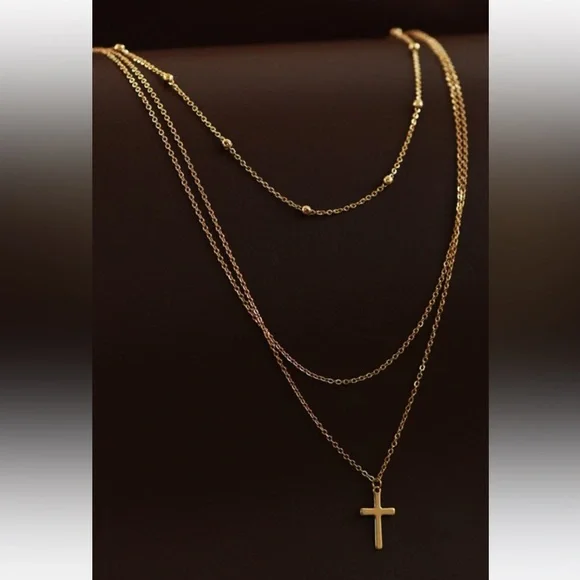 New 18k Gold Plated Layered Cross Necklace Dainty Faith Jewelry - Picture 2 of 2